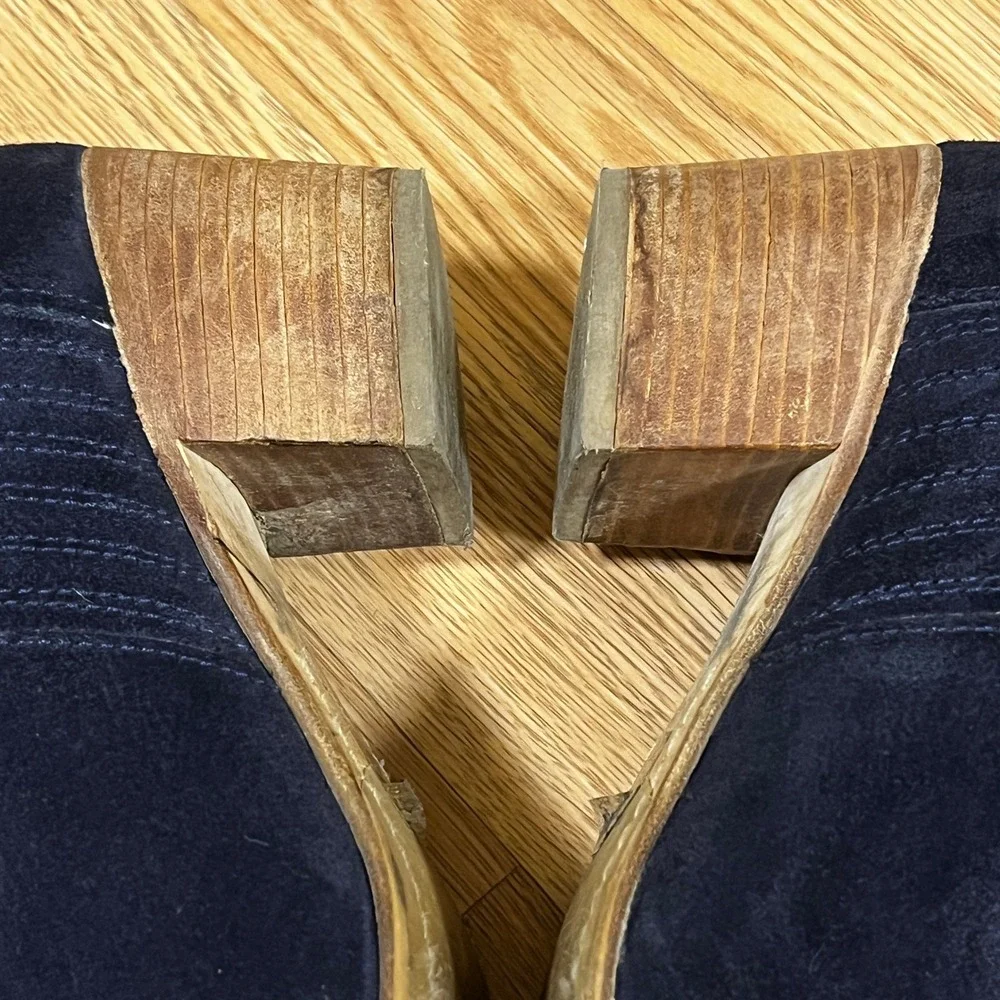 Boden Navy Suede Alford Ankle Boots Orange Elastic Block Heel Statement Chic